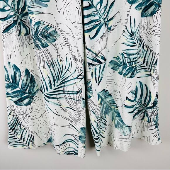 Cream green palm leaf tropical linen wide leg high waisted cropped pants large - Picture 4 of 9